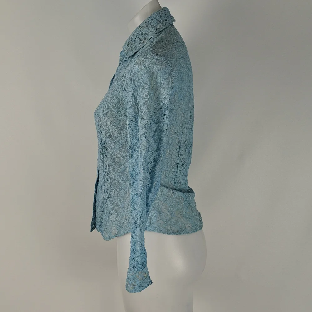St Mario Women's Top Size Medium Blue Sheer Lace Long Sleeve Button Front Collar - Picture 3 of 13